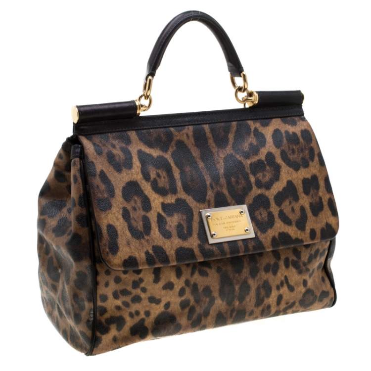 Pre Owned Dolce & Gabbana Leopard Print Coated Canvas and Leather Large Miss Sicily Top Handle Bag 