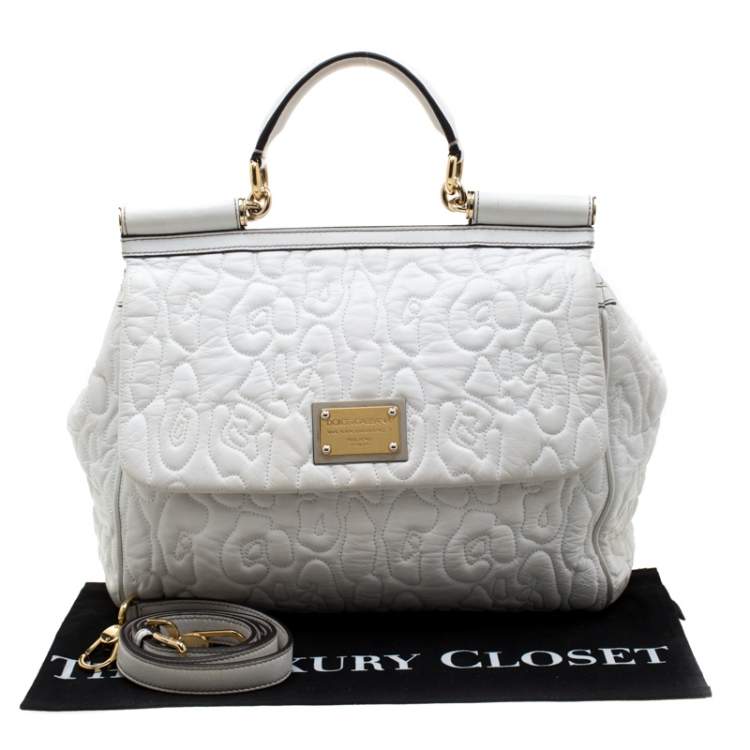 Pre Owned Dolce & Gabbana White Leather Large Miss Sicily Top Handle Bag   