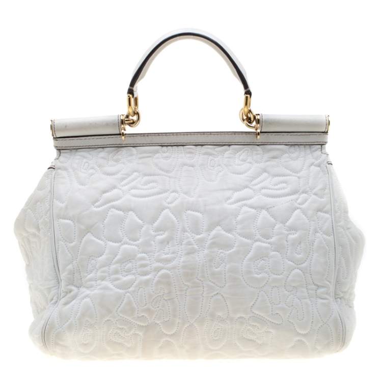 Pre Owned Dolce & Gabbana White Leather Large Miss Sicily Top Handle Bag   