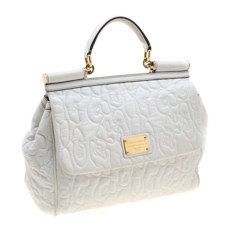 Pre Owned Dolce & Gabbana White Leather Large Miss Sicily Top Handle Bag   