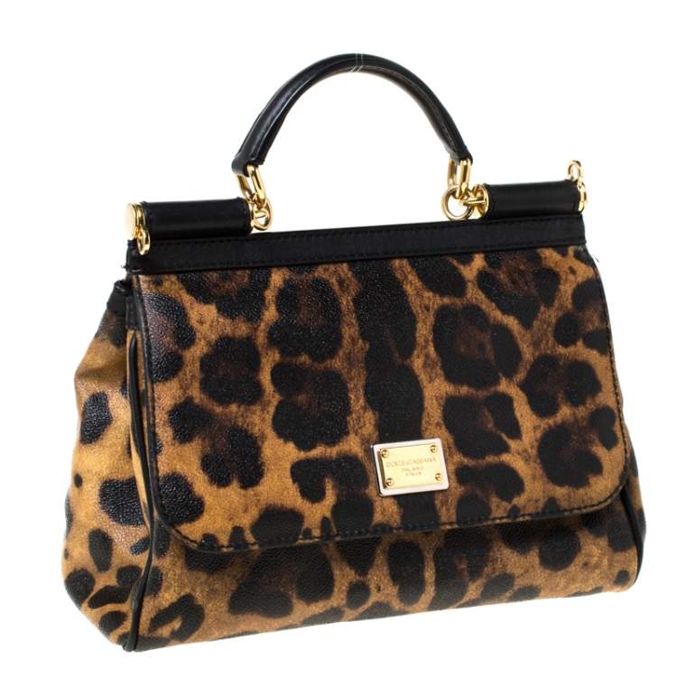 Pre Owned Dolce & Gabbana Leopard Print Leather Medium Miss Sicily Top Handle Bag