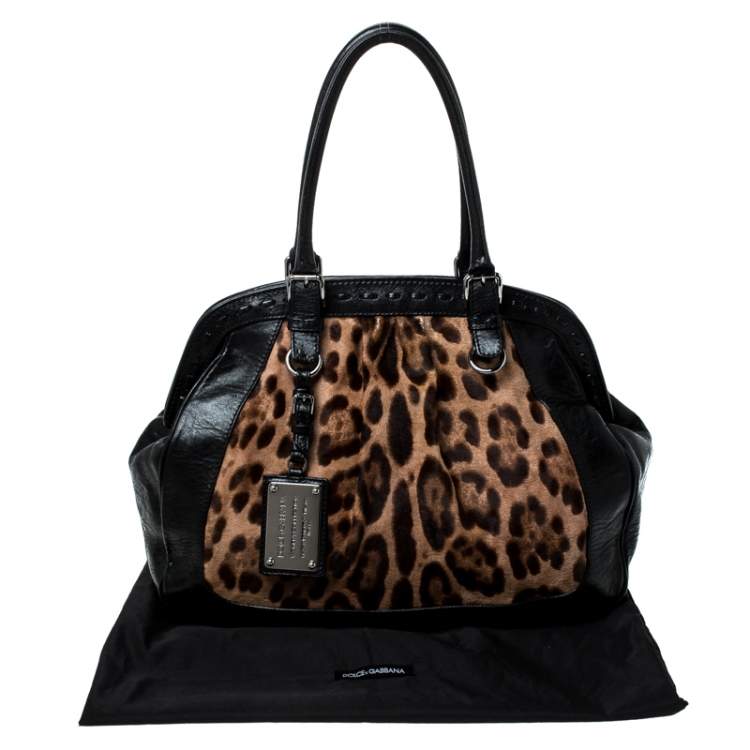 Pre Owned Dolce & Gabanna Black/Brown Leopard Print Calfhair and Leather Miss Romantique Satchel