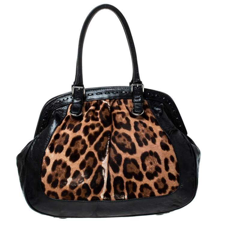 Pre Owned Dolce & Gabanna Black/Brown Leopard Print Calfhair and Leather Miss Romantique Satchel