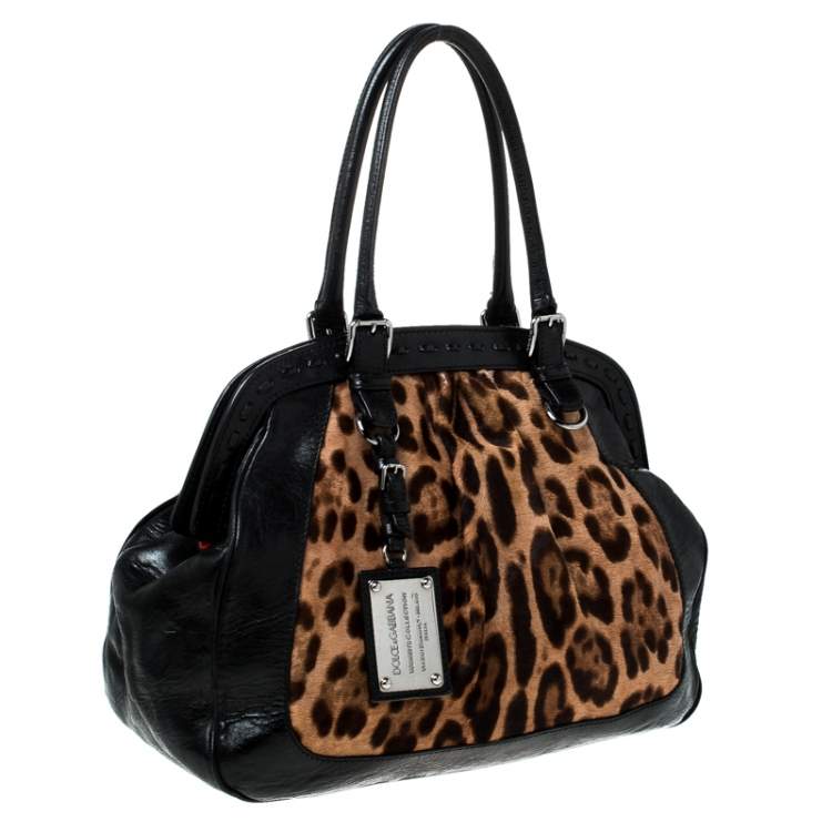 Pre Owned Dolce & Gabanna Black/Brown Leopard Print Calfhair and Leather Miss Romantique Satchel