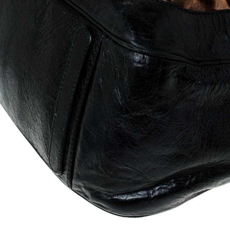 Pre Owned Dolce & Gabanna Black/Brown Leopard Print Calfhair and Leather Miss Romantique Satchel