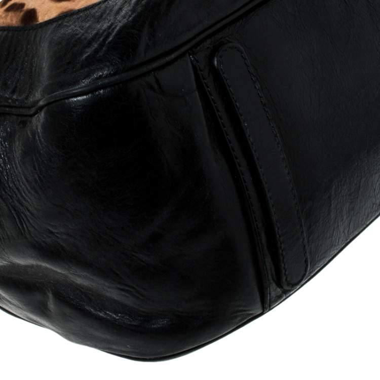 Pre Owned Dolce & Gabanna Black/Brown Leopard Print Calfhair and Leather Miss Romantique Satchel