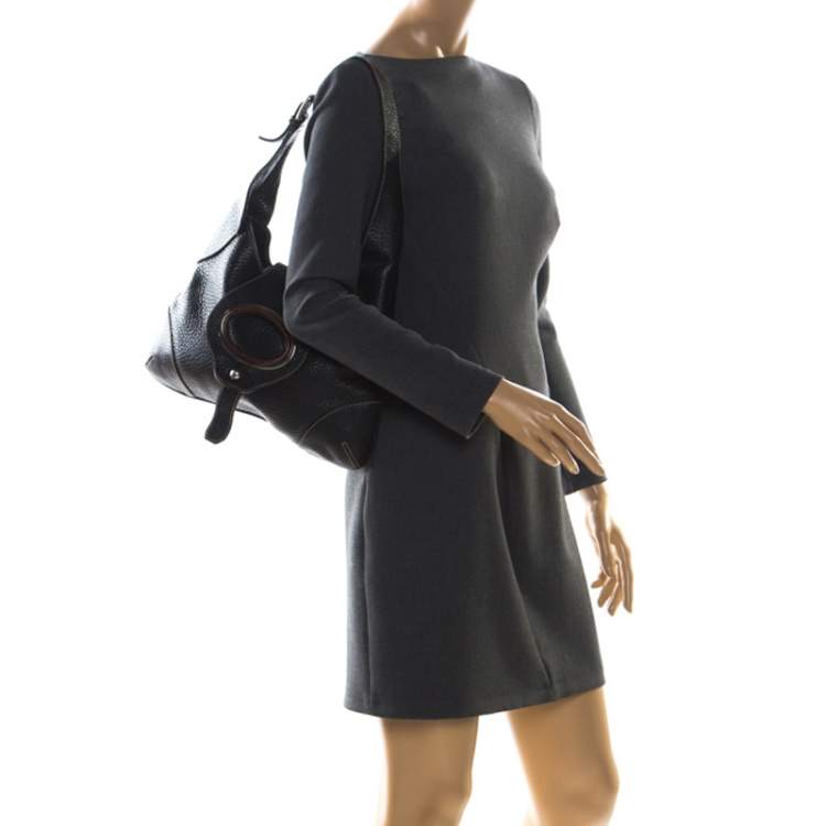 Pre Owned Dolce & Gabbana Black Pebbled Leather Ring Shoulder Bag