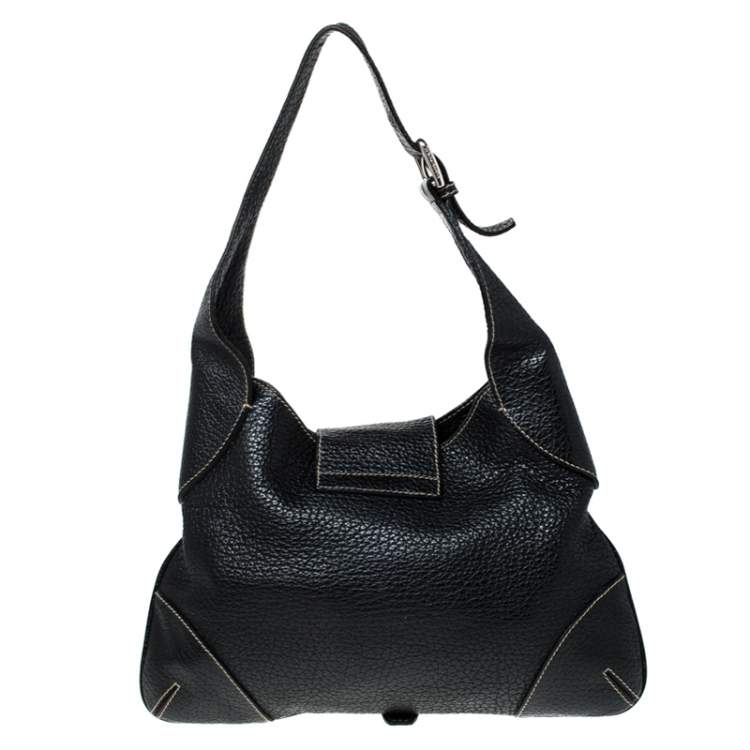 Pre Owned Dolce & Gabbana Black Pebbled Leather Ring Shoulder Bag
