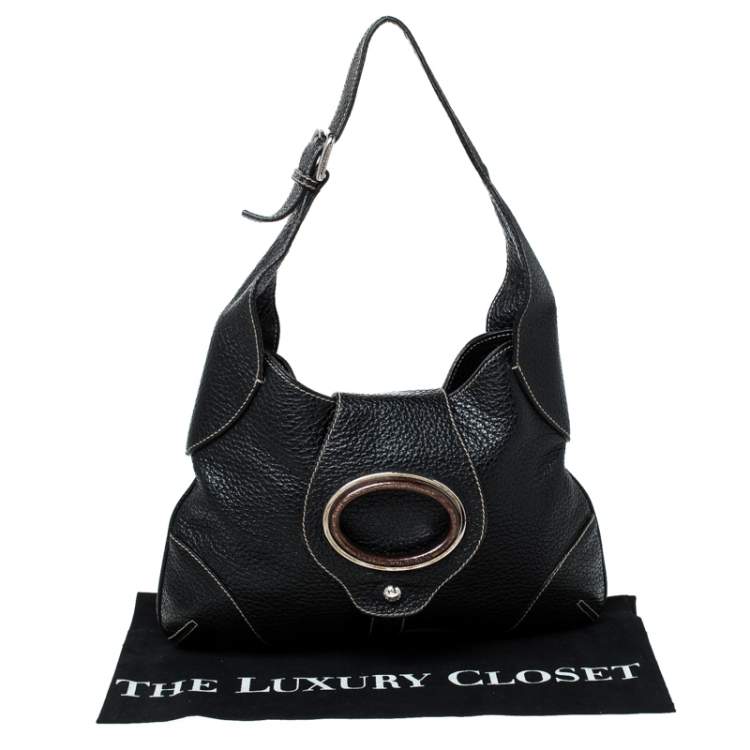 Pre Owned Dolce & Gabbana Black Pebbled Leather Ring Shoulder Bag