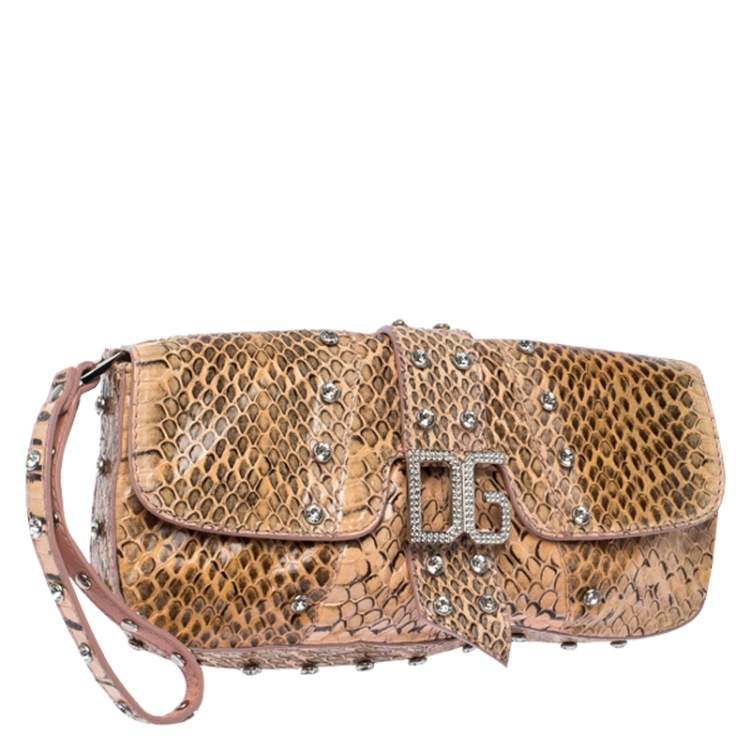 Pre Owned Dolce & Gabbana Peach Python Logo Embellished Wristlet Clutch