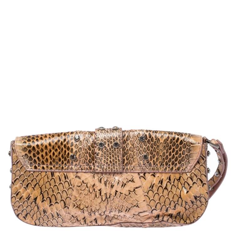 Pre Owned Dolce & Gabbana Peach Python Logo Embellished Wristlet Clutch
