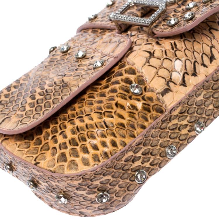 Pre Owned Dolce & Gabbana Peach Python Logo Embellished Wristlet Clutch