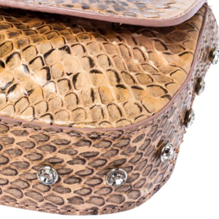 Pre Owned Dolce & Gabbana Peach Python Logo Embellished Wristlet Clutch