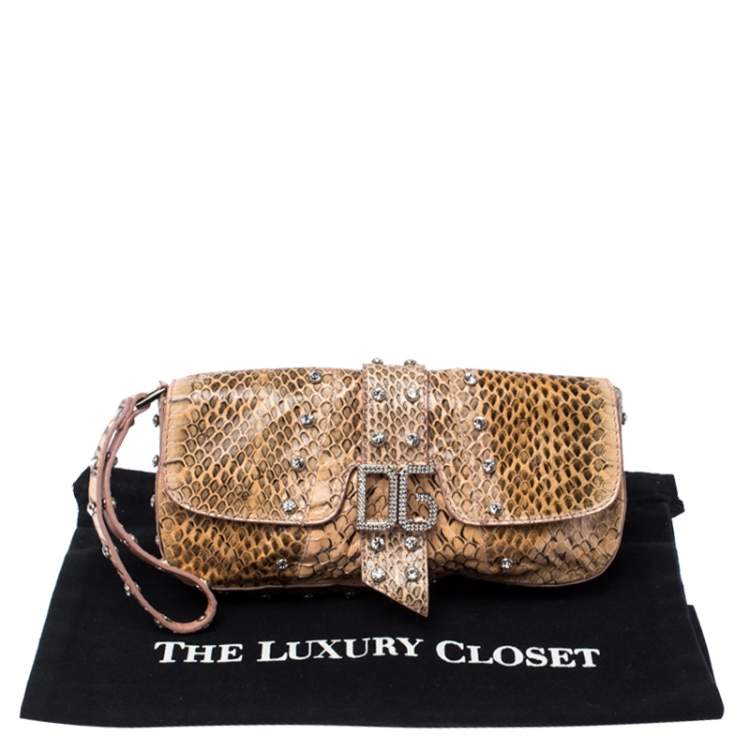 Pre Owned Dolce & Gabbana Peach Python Logo Embellished Wristlet Clutch