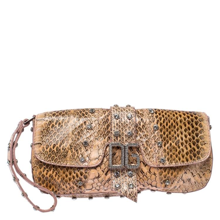 Pre Owned Dolce & Gabbana Peach Python Logo Embellished Wristlet Clutch