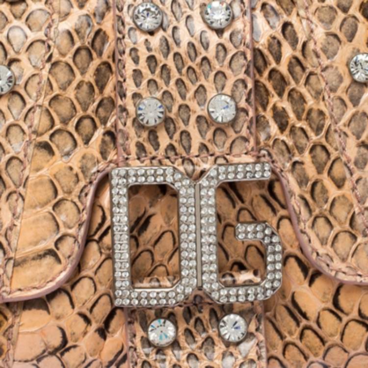 Pre Owned Dolce & Gabbana Peach Python Logo Embellished Wristlet Clutch