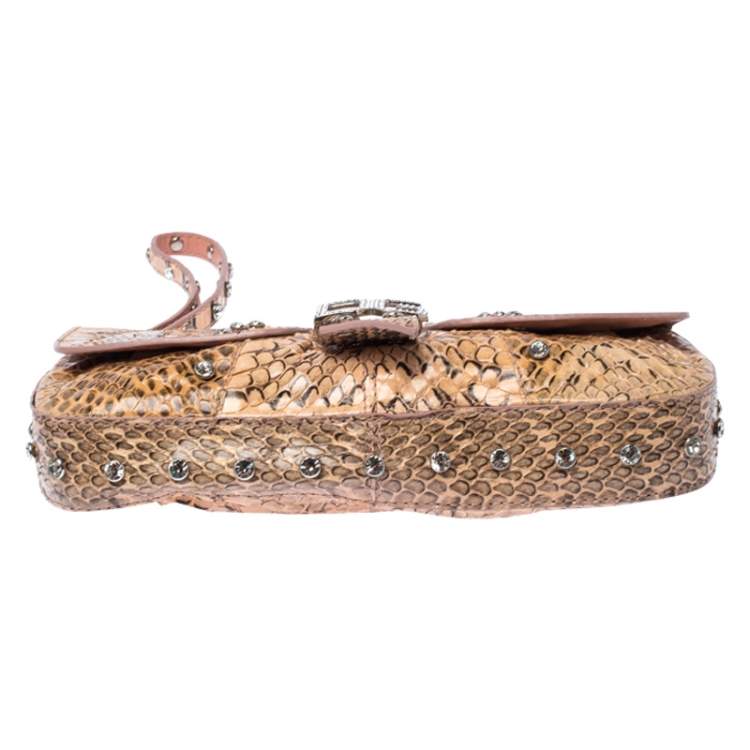 Pre Owned Dolce & Gabbana Peach Python Logo Embellished Wristlet Clutch