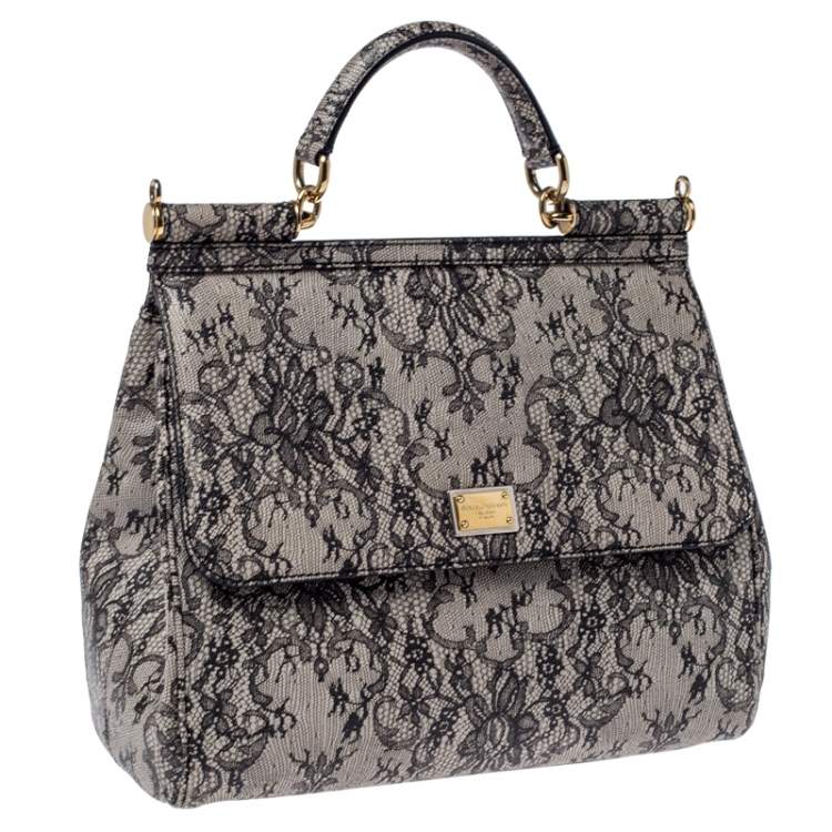 مملوكة مسبقًا Dolce & Gabbana Grey Lace Print Leather Medium Miss Sicily Top Handle Bag