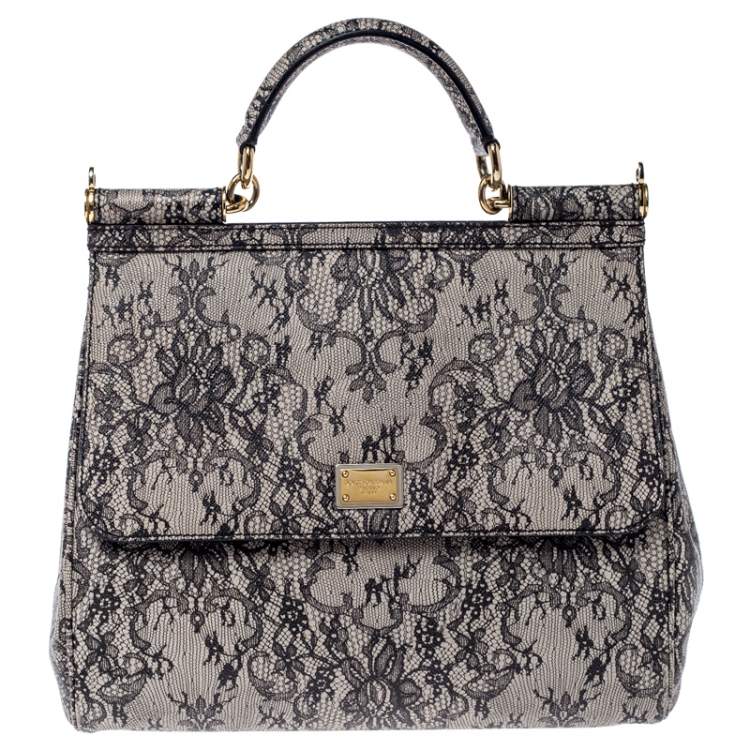 مملوكة مسبقًا Dolce & Gabbana Grey Lace Print Leather Medium Miss Sicily Top Handle Bag