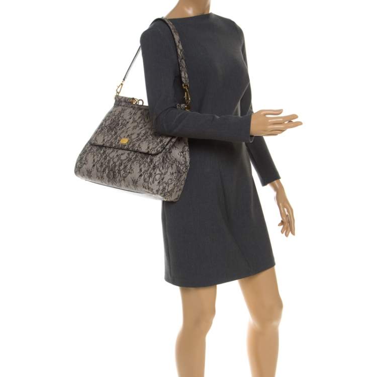 مملوكة مسبقًا Dolce & Gabbana Grey Lace Print Leather Medium Miss Sicily Top Handle Bag