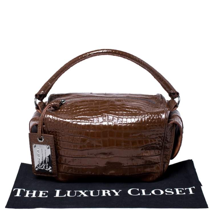 Pre Owned Dolce & Gabbana Brown Croc Embossed Leather Miss Double Top Handle Bag