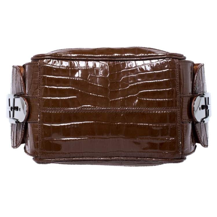 Pre Owned Dolce & Gabbana Brown Croc Embossed Leather Miss Double Top Handle Bag