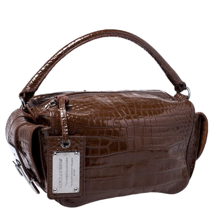 Pre Owned Dolce & Gabbana Brown Croc Embossed Leather Miss Double Top Handle Bag