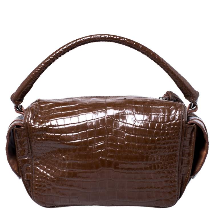 Pre Owned Dolce & Gabbana Brown Croc Embossed Leather Miss Double Top Handle Bag