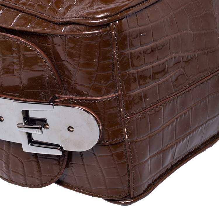 Pre Owned Dolce & Gabbana Brown Croc Embossed Leather Miss Double Top Handle Bag