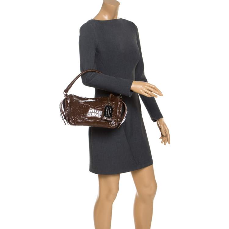 Pre Owned Dolce & Gabbana Brown Croc Embossed Leather Miss Double Top Handle Bag