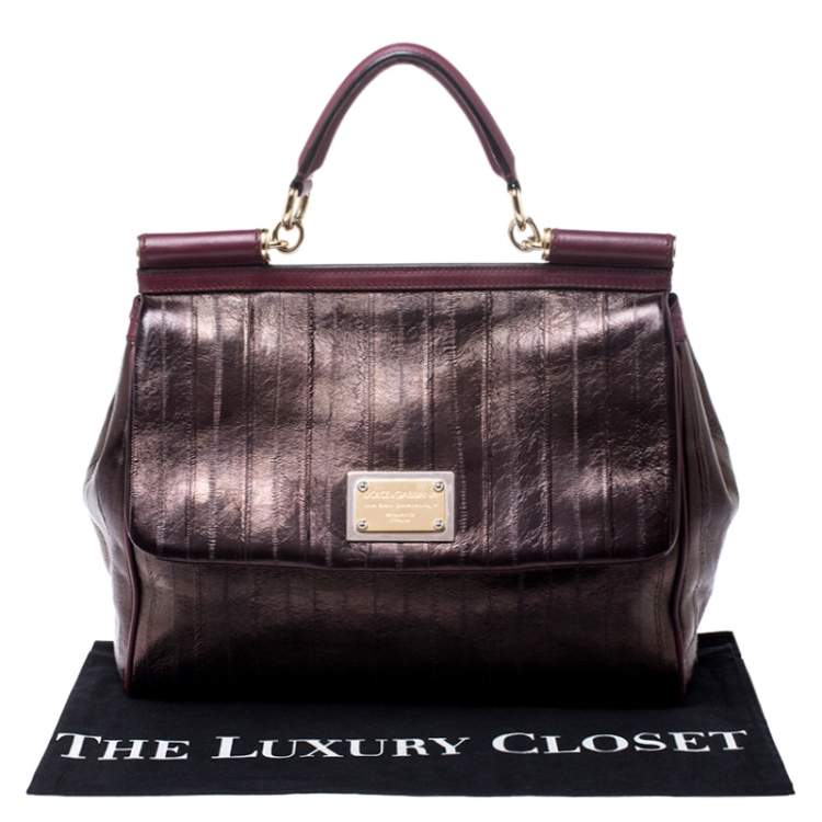 Pre Owned Dolce & Gabbana Metallic Bronze Leather Large Miss Sicily Top Handle Bag