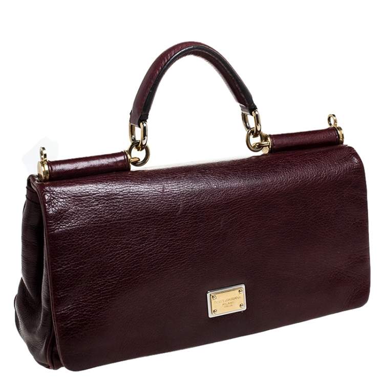 Pre Owned  Dolce and Gabbana Burgundy Leather East West Miss Sicily Leather Top Handle Bag