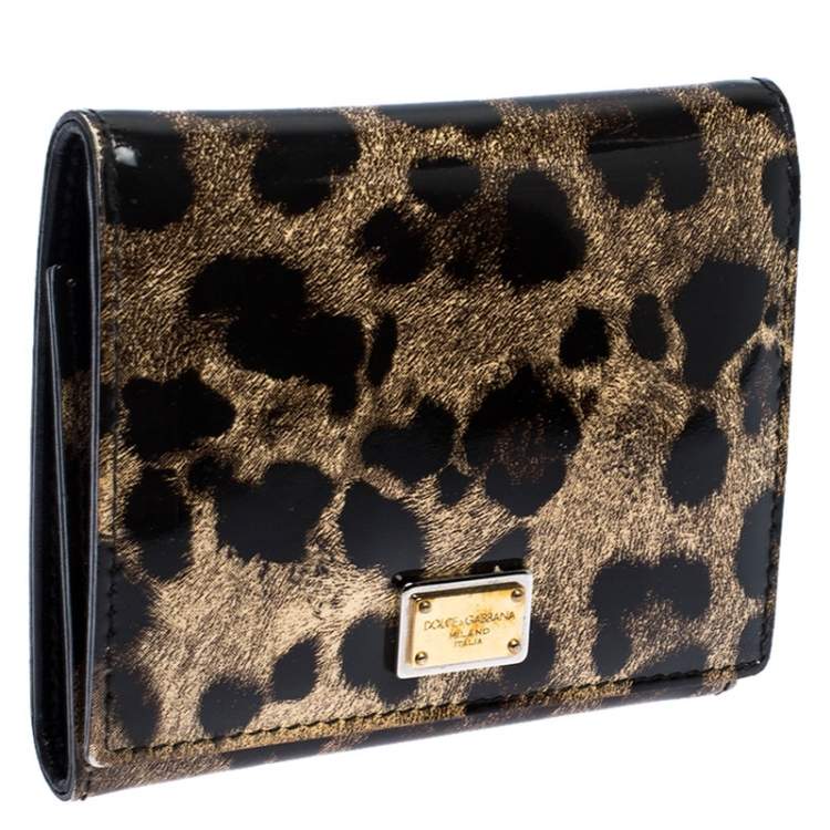 Pre Owned Dolce & Gabbana Brown Leopard Print Patent Leather Trifold Wallet