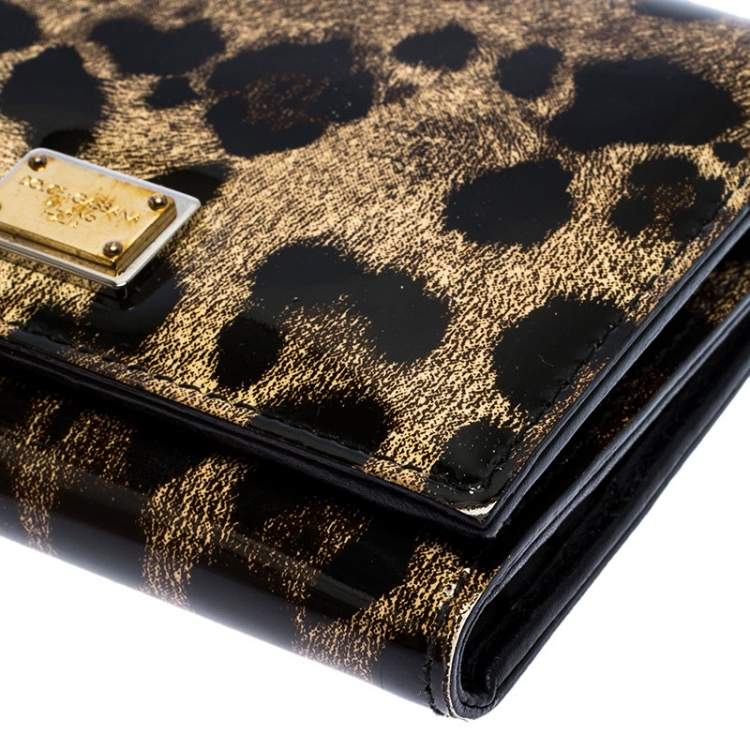 Pre Owned Dolce & Gabbana Brown Leopard Print Patent Leather Trifold Wallet
