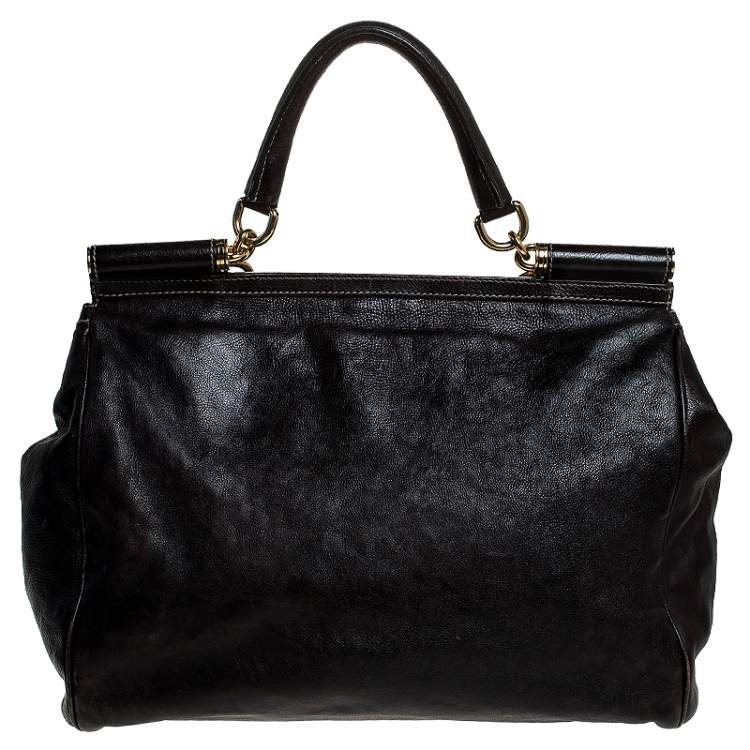 Pre Owned Dolce & Gabbana Dark Brown Leather XL Miss Sicily Top Handle Bag