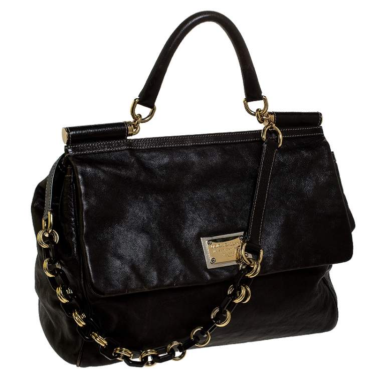 Pre Owned Dolce & Gabbana Dark Brown Leather XL Miss Sicily Top Handle Bag