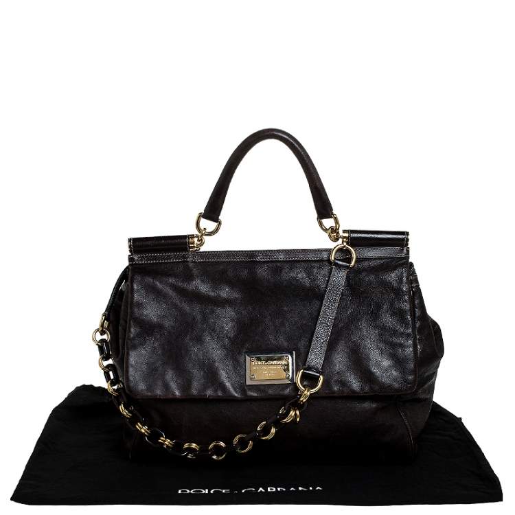 Pre Owned Dolce & Gabbana Dark Brown Leather XL Miss Sicily Top Handle Bag