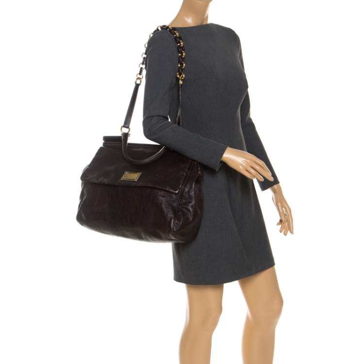 Pre Owned Dolce & Gabbana Dark Brown Leather XL Miss Sicily Top Handle Bag