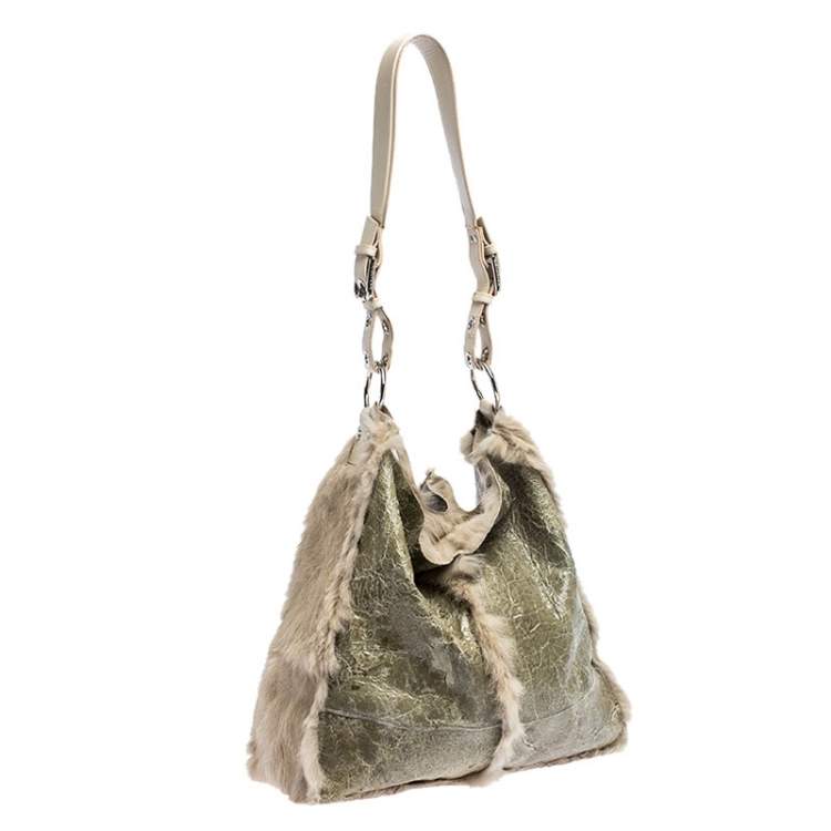 Pre Owned Dolce & Gabbana Green/Beige Fur and Leather Reversible Tote