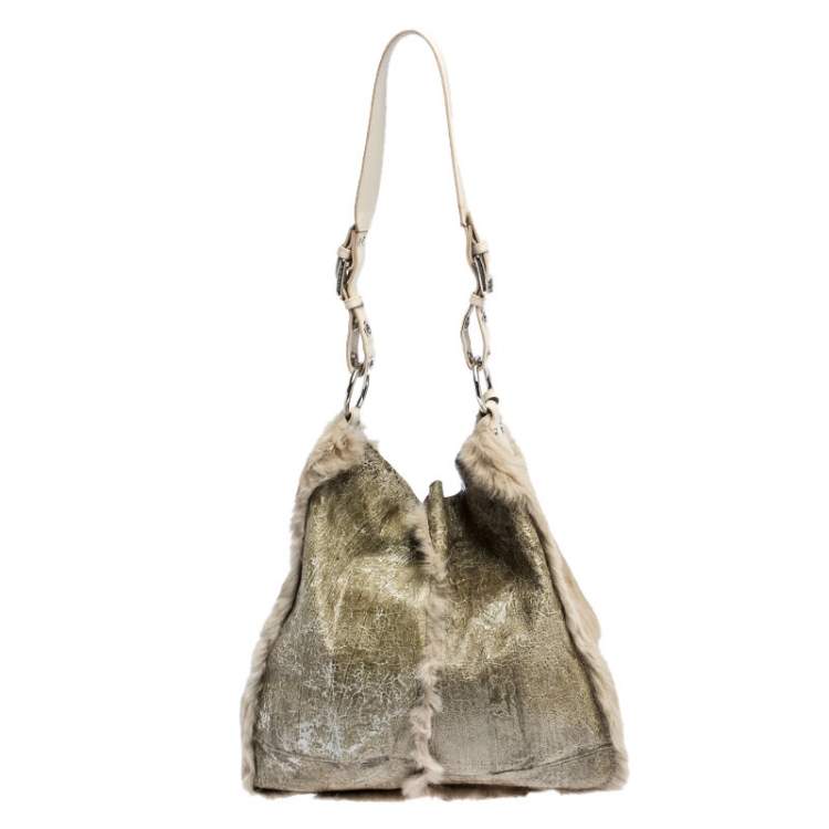 Pre Owned Dolce & Gabbana Green/Beige Fur and Leather Reversible Tote