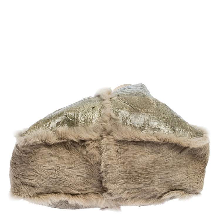 Pre Owned Dolce & Gabbana Green/Beige Fur and Leather Reversible Tote