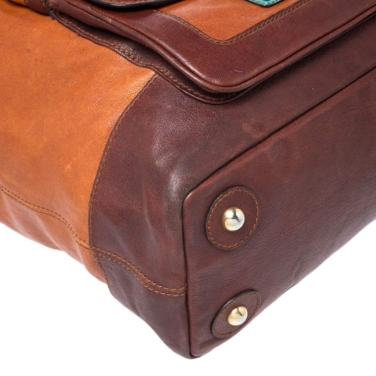 Pre Owned Dolce & Gabbana Brown/Turquoise Leather Push Lock Satchel
