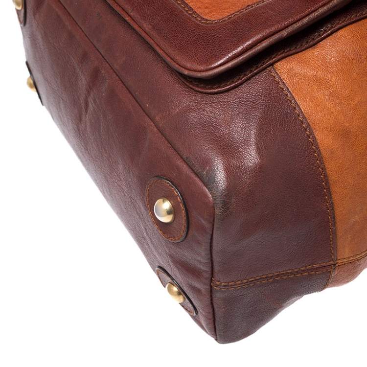 Pre Owned Dolce & Gabbana Brown/Turquoise Leather Push Lock Satchel