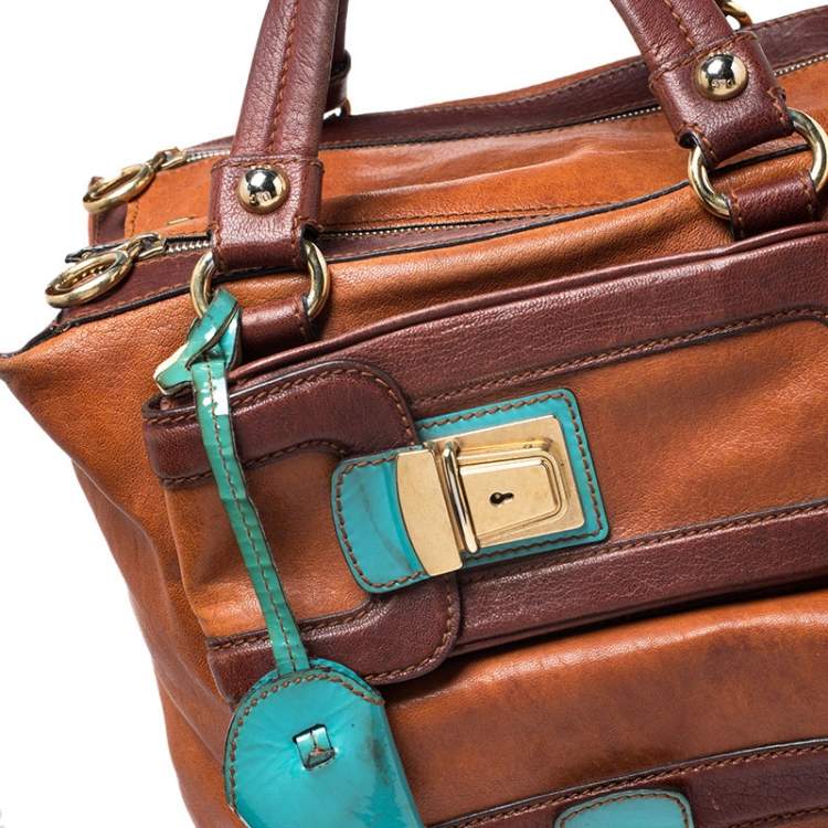 Pre Owned Dolce & Gabbana Brown/Turquoise Leather Push Lock Satchel