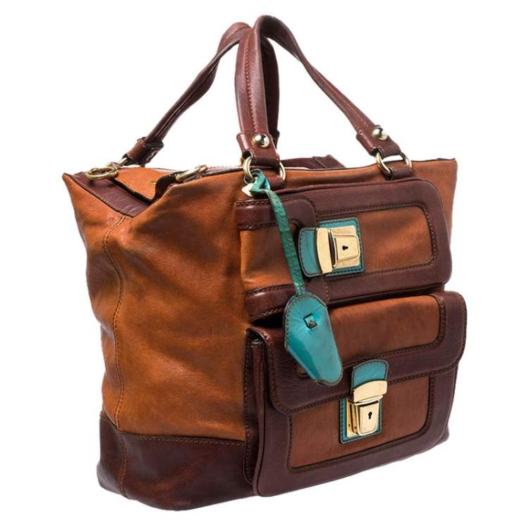 Pre Owned Dolce & Gabbana Brown/Turquoise Leather Push Lock Satchel