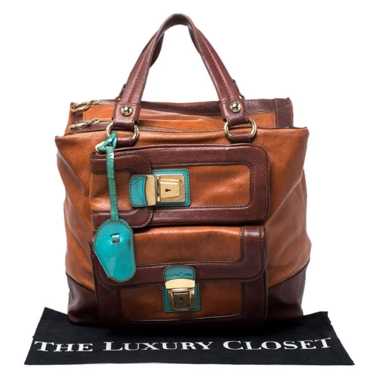 Pre Owned Dolce & Gabbana Brown/Turquoise Leather Push Lock Satchel