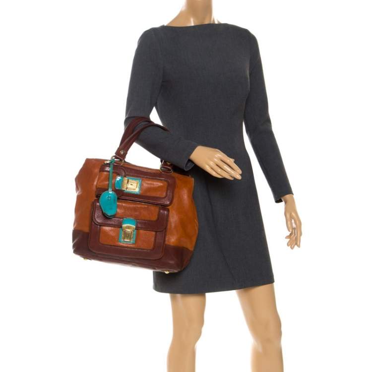 Pre Owned Dolce & Gabbana Brown/Turquoise Leather Push Lock Satchel