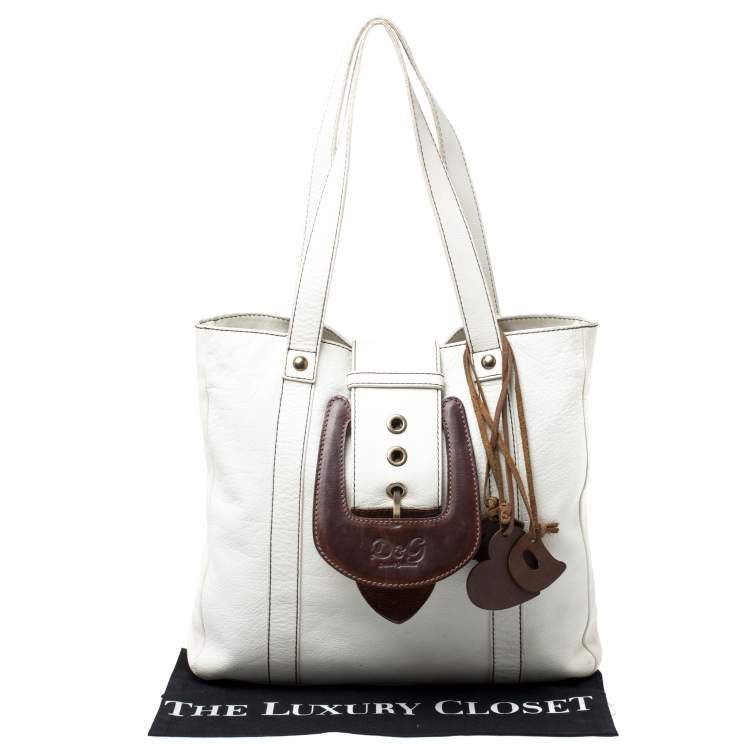 Pre Owned Dolce & Gabbana White/Buckle Leather Buckle Tote