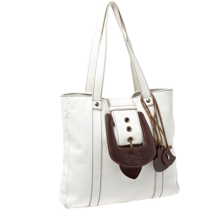 Pre Owned Dolce & Gabbana White/Buckle Leather Buckle Tote