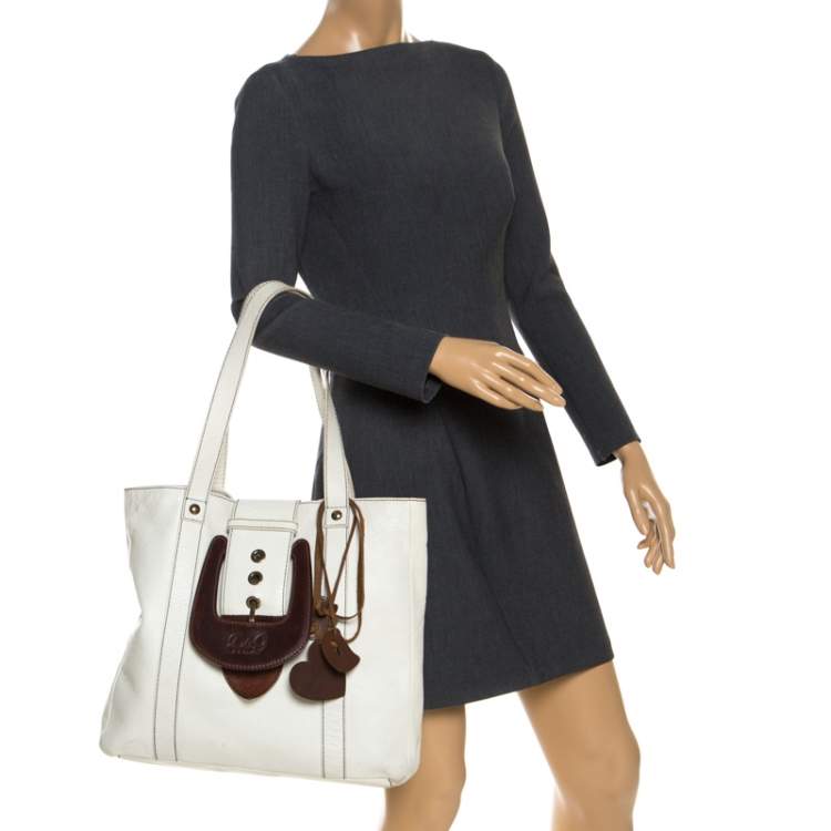 Pre Owned Dolce & Gabbana White/Buckle Leather Buckle Tote